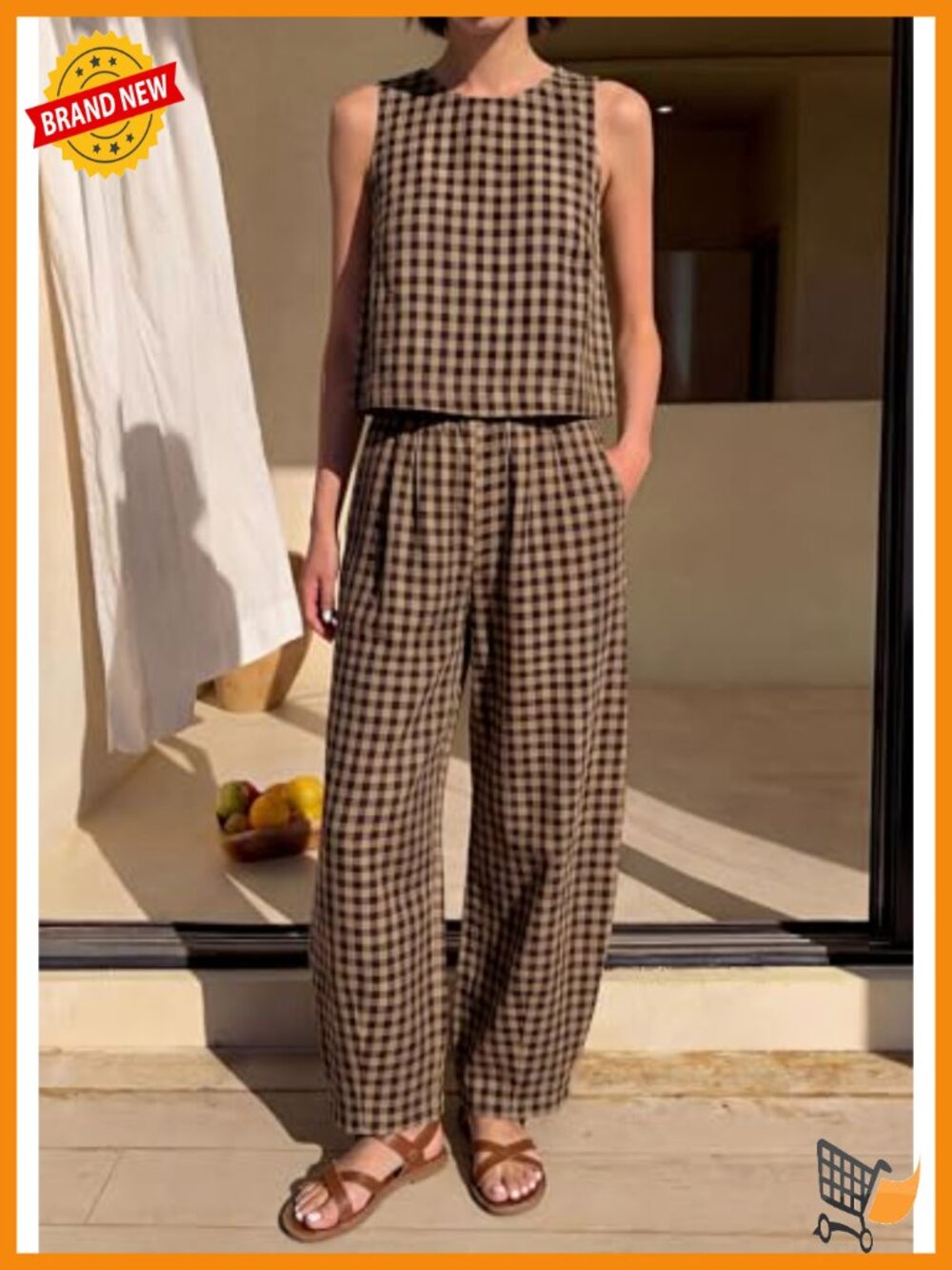 100% Cotton 2 Piece Lounge Set Sleeveless Top Wide Leg Pants Vacation - Picture 3 of 6